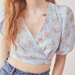 Reformation Light Blue Floral Puff Sleeve Blouse
